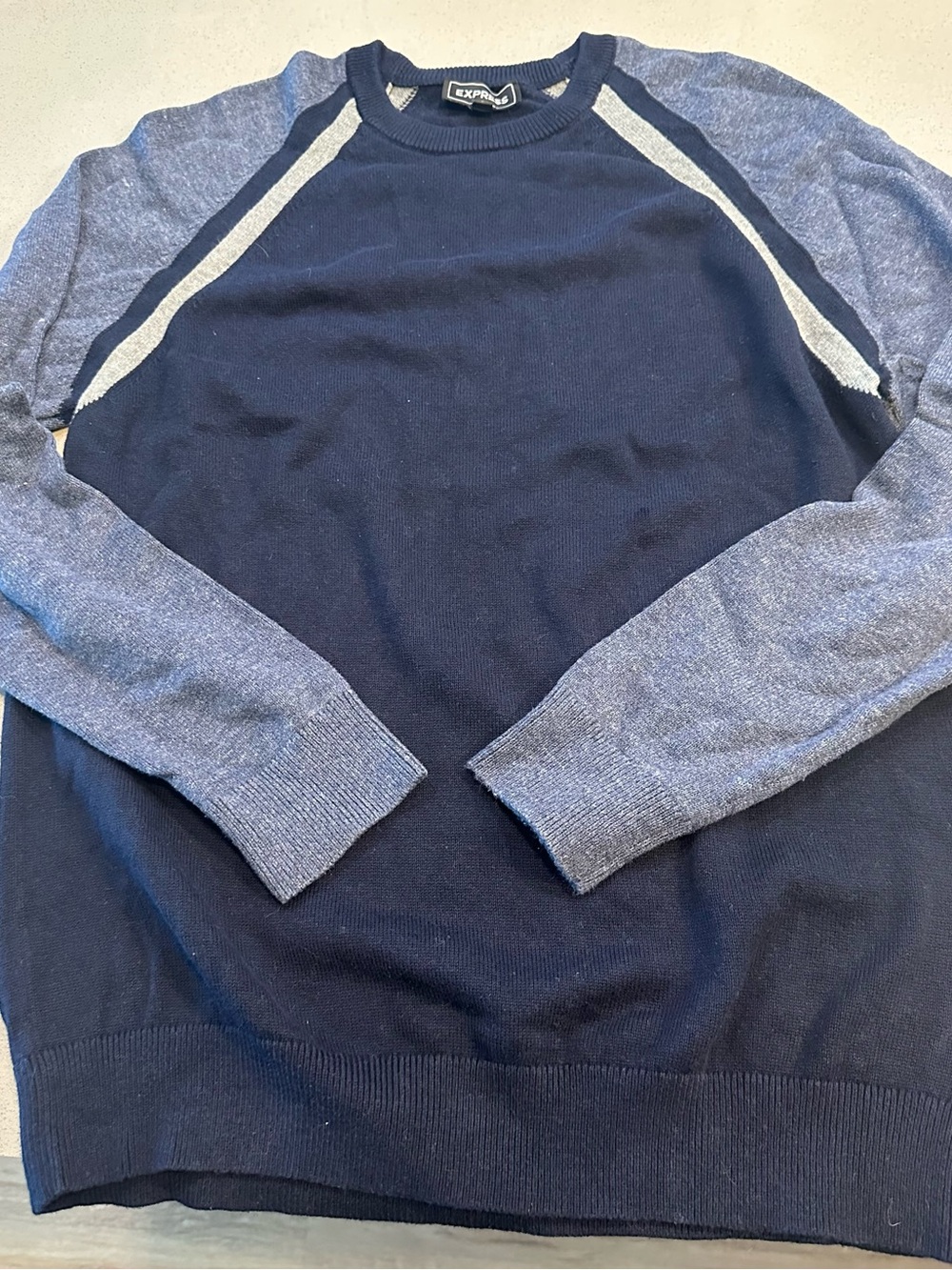 Express Navy Crewneck Sweater with Heather Gray Raglan Sleeves